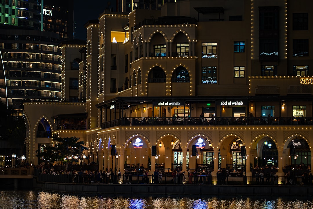 Budget hotel exterior in Dubai at dusk