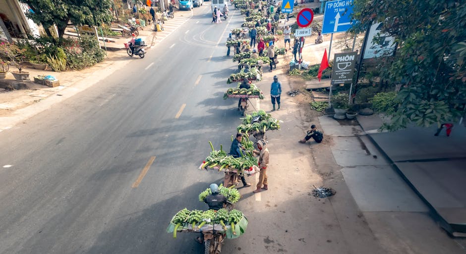 Yerel pazarda renkli tezgahlar ve köy yaşamını gösteren canlı sokak görünümü