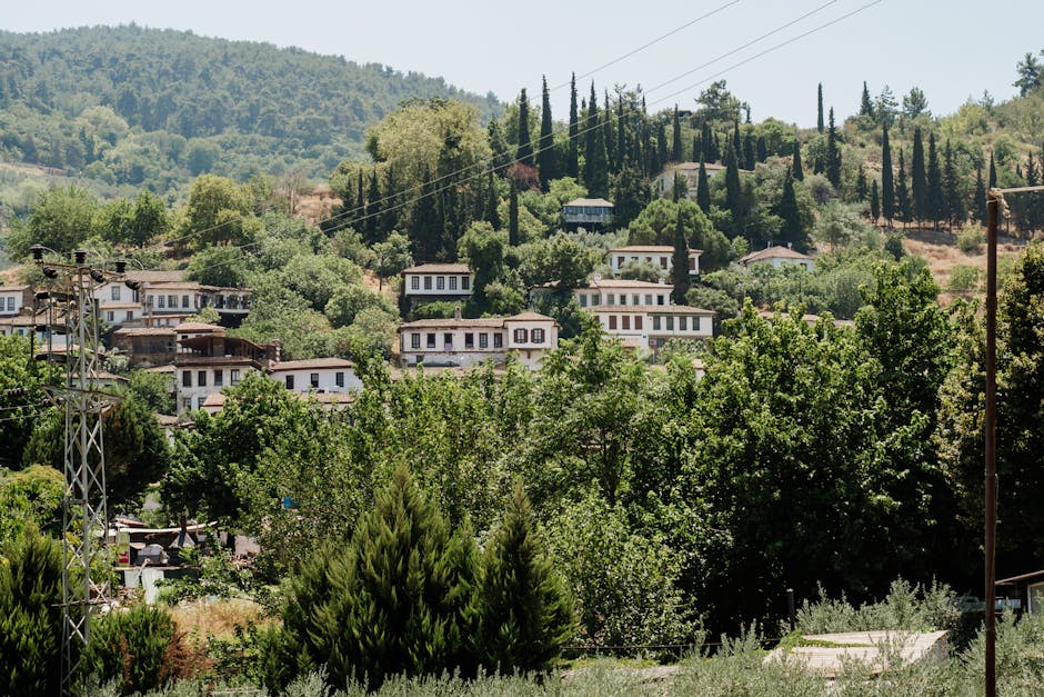 Kırsal yol ve köy manzarası olan gerçekçi bir fotoğraf için