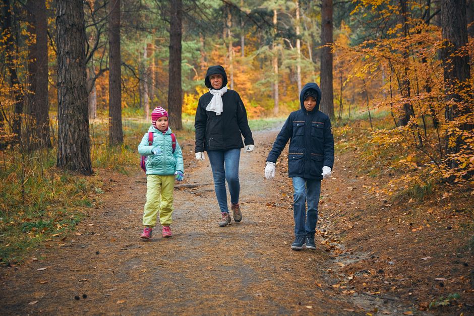 Çocuk dostu bir yürüyüş yolunda ailenin doğa içindeki yürüyüşü